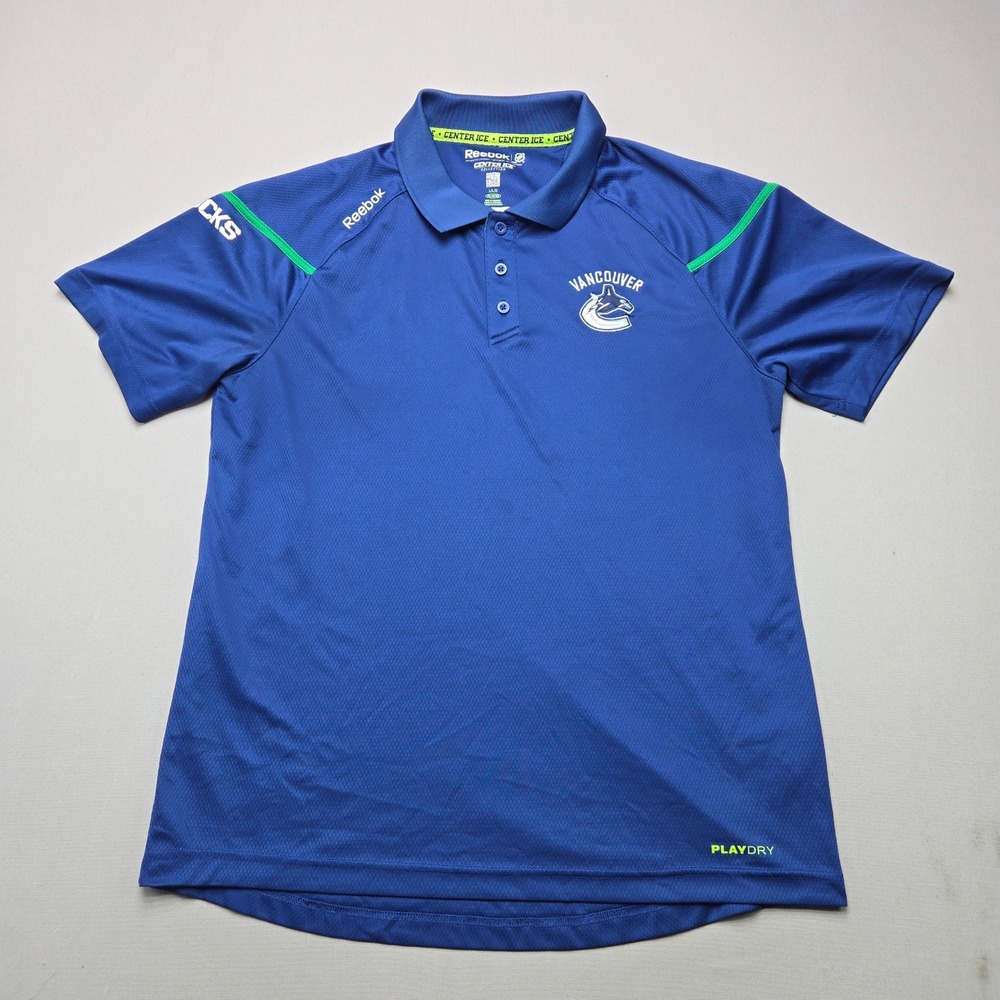 Reebok Vancouver Canucks Polo Shirt NHL Center Ice PlayDry Blue Mens Size L NHL
